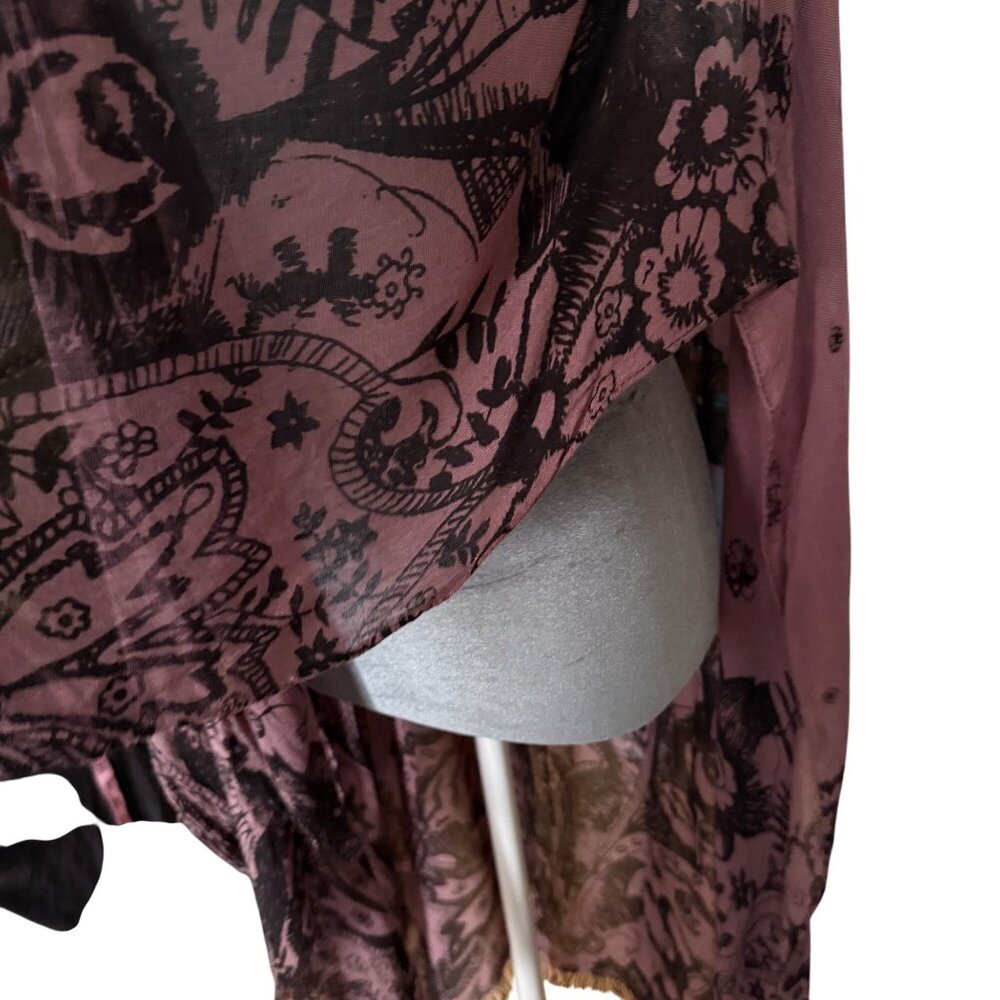 Free People Bohemian Paisley Floral Kimono Cardigan With Fringe Hem In Mauve & B - Picture 4 of 7